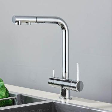 Imagem de Torneira de cozinha com filtro retrátil de latão cromado, alça dupla, água potável quente e fria, filtro de 3 vias, torneiras misturadoras de purificação, cromadas