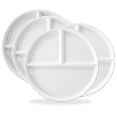 Imagem de Conjunto de 4 pratos divididos de cerâmica de 25,4 cm, placa de controle de porção, prato bariátrico reutilizável para crianças e adultos, 3 pratos de compartimento, pratos de jantar brancos para