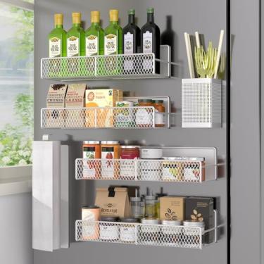 Imagem de Suporte magnético para temperos para geladeira, pacote com 6, prateleira magnética forte 100% metal, organizador de especiarias que economiza espaço, organização de armazenamento de lavanderia de