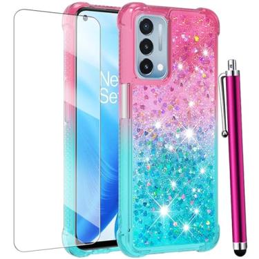 Imagem de CAIYUNL Capa OnePlus Nord N200 5G, rosa/azul, líquido flutuante com glitter, capa protetora de TPU macio à prova de choque com protetor de tela e caneta Stylus