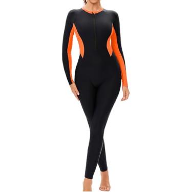 Imagem de SEAUR Maiô feminino com cobertura total Rash Guard, manga comprida, com proteção UV, Preto e laranja, GG