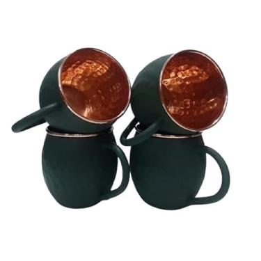 Imagem de Ornate International Caneca Moscow Mule de cobre fosco de 473 ml, cor verde, caneca Moscow Mule com aros de cobre ouro rosa, conjunto de 4 (verde mate)