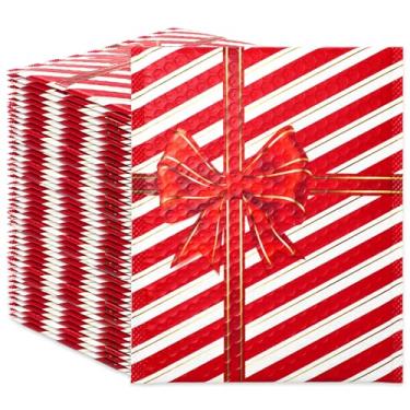 Imagem de JarThenaAMCS 50 peças de correio de plástico de Natal com bolhas de 20 x 28 cm em vermelho e branco com laço listrado, envelope autovedante acolchoado e resistente a rasgos, envelopes de envio para