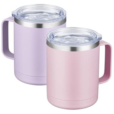 Imagem de Caneca de café com alça MEWAY, 350 ml, copo térmico de viagem de aço inoxidável com tampa deslizante, copo com isolamento a vácuo e parede dupla para bebidas quentes e frias (lilás e rosa, 2 unidades)