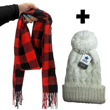 Imagem de Kit Inverno Junino Completo Cachecol Xadrez E Touca Pompom