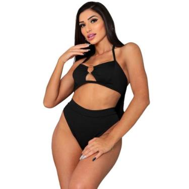 Imagem de Biquíni Cintura Alta Liso Preto Hotpant Bikini Feminino Moda Praia - M