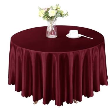 Imagem de Homiest 1 pacote com toalha de mesa redonda de 2,1 m, toalha de mesa de cetim, bordô, sobreposição, decorações de mesa brilhantes, toalhas de mesa de jantar de cetim sedoso para recepção de casamento,
