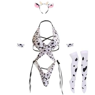 Imagem de SENJIY sexy cow lingerie for women outfit Cute Naughty anime Cosplay Costume cowgirl Garter Milk Roleplay Bodysuit Mini bikini Top Bra Halter Tail Panty Stocking ears Set for Halloween Christmas