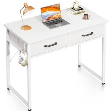 Imagem de ODK Mesa pequena com gavetas de tecido - para quarto, penteadeira branca com armazenamento, mesa de computador de escritório doméstico para espaços pequenos, mesa de estudo de escrita de trabalho