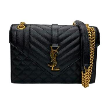 Imagem de Bolsa Tiracolo Feminina, Couro Preto Matelassê, Alça Corrente Dourada,