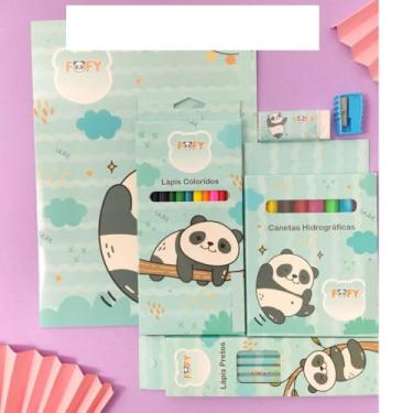 Imagem de Kit Artístico Escolar Urso Panda Feliz 29 Itens - Caderno, Lápis de Cor, Lápis de Escrever, Canetinha