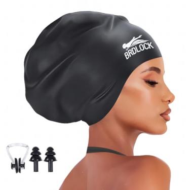 Imagem de BRDLOCK Touca de natação extra grande para mulheres touca de natação para tranças dreadlocks cabelo longo Locs 100% silicone impermeável touca de natação mantém seu cabelo seco