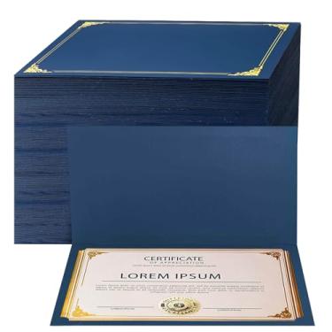 Imagem de Pacote com 60 porta-certificados azul marinho com borda dourada, capas de diploma para certificados, prêmios, graduação e documentos, cartolina
