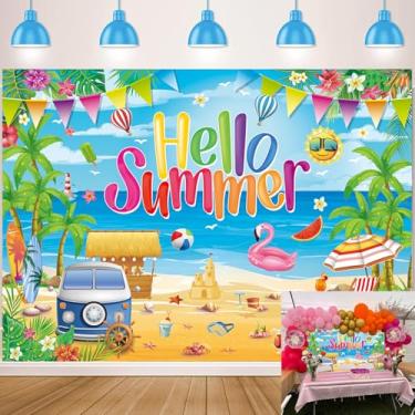 Imagem de Hello Summer Pano de fundo havaiano praia fotografia fundo tropical oceano tropical prancha de surf faixa de palmeira para decoração de festa na piscina Aloha verão havaiano suprimentos (25 x 20 m:
