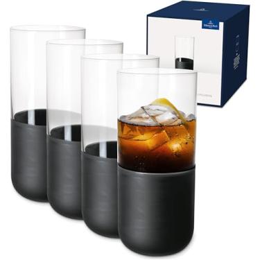 Imagem de Villeroy & Boch - Conjunto de copos de bebida longa de rocha, 4 peças, vidro de cristal com base preta fosca, capacidade de 300 ml