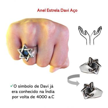 Imagem de Anel Aço Estrela De Davi Salomão Prateado Aço Inoxidável Auto Relevo Tamanho Aro 21 6.1 Cm