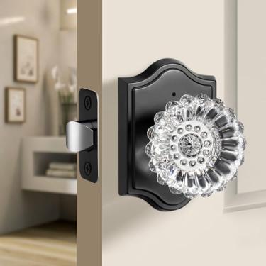 Imagem de Moquin Maçaneta de porta de vidro de privacidade com fechadura, maçaneta de cristal vintage sem chave com botão de privacidade, maçaneta de porta de cristal de ameixa interior preto fosco para