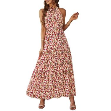 Imagem de PRETTYGARDEN Vestido feminino de verão floral maxi sem mangas frente única gola rodada bainha com babados vestidos boho longos com cinto, Rosa floral, GG