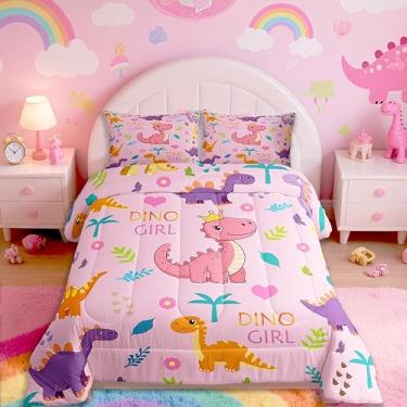 Imagem de meiyoeat Conjunto de edredom solteiro, dinossauro, selva, dinossauro, rosa, para crianças, adolescentes, animais selvagens, respirável, planta, decoração de quarto, 1 edredom com 1 fronha