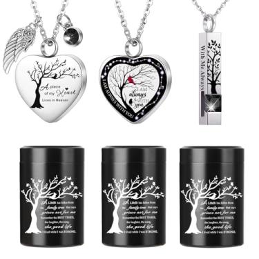 Imagem de RIPFEVURN Mini urnas pequenas para lembrança de cinzas humanas, adulto, feminino, masculino, árvore da vida, joias de cremação, colares de urna para cinzas para mulheres e homens, conjunto de 6 (preto