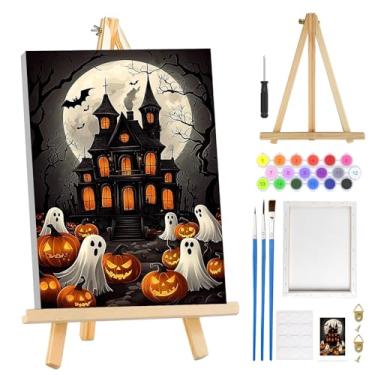 Imagem de MOGTAA Kit de pintura fantasma de Halloween por números para adultos iniciantes com moldura, kits de pintura por números de castelo de abóbora em tela com cavalete, kits de pintura a óleo DIY fáceis