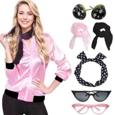 Imagem de Jaqueta retrô de cetim rosa anos 1950, cachecol, faixa de cabeça, óculos, cosplay, fantasia de Halloween, 6 peças, acessórios de fantasia (borda preta rosa, 2GG)