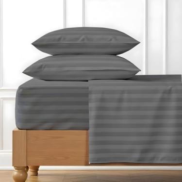 Imagem de Bluemoon Homes Jogo de lençol 100% algodão egípcio listrado, tamanho casal, 1000 fios, melhores lençóis damasco, 4 peças, bolso profundo de 45,7 cm, conjunto de cama refrescante de cetim macio - cinza