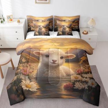 Imagem de Conjunto de cama casal de 7 peças, adorável ovelha, margarida, rio, montanha, rústica, casa de fazenda (edredom + lençol de cima + 2 fronhas + 2 fronhas de travesseiro)