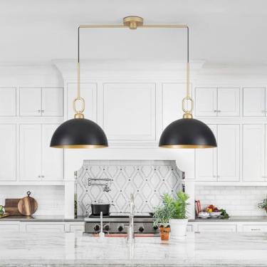 Imagem de Ynzefly Luminária pendente de ilha de 2 luzes, luminárias de sala de jantar, luminárias ajustáveis para pendurar, iluminação moderna de metal preto e latão para ilha de cozinha, fazenda, bar, sala de