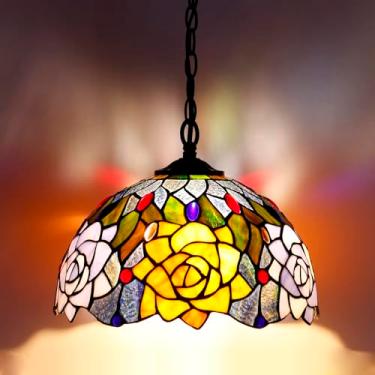 Imagem de AVIVADIRECT Luminária pendente Tiffany Plug in 30,5 cm laranja vermelha rosa flor lâmpada pendurada com corrente 83 cm, cordão 35 pés