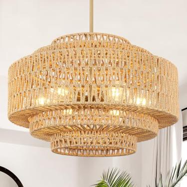 Imagem de Lustre de vime tecido à mão de 60 cm, luminária pendente grande Boho de 6 luzes, luminária suspensa de tambor de fazenda de 5 andares para cozinha, ilha, sala de jantar, sala de estar, hall de entrada