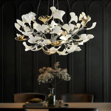 Imagem de NIUZDU Lustre de galhos de árvore, lustres redondos modernos de folha de ginkgo de cerâmica de 78 cm, lustre de sala de jantar sobre mesa, para sala de estar, hall de entrada, cozinha, quarto (lâmpada