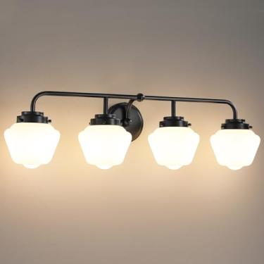 Imagem de RUIYEY Luminárias de banheiro para banheiro: 4 luminárias de banheiro pretas foscas sobre espelhos, arandela de parede rústica de fazenda com vidro branco leitoso para armário de banheiro e sala de