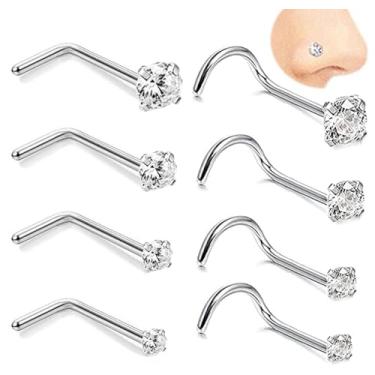 Imagem de Vitaltyextracts Conjunto de piercing de nariz hipoalergênico 8 peças, 20 G, de aço cirúrgico, com diamantes redondos, Aço inoxidável, Zircônia cúbica