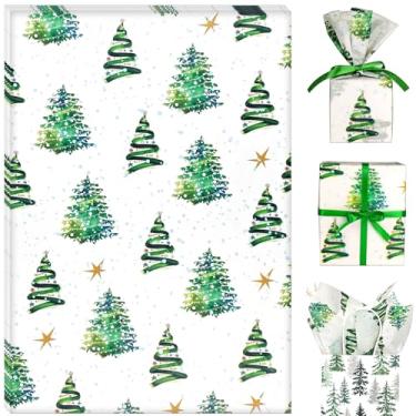 Imagem de LIAPAWPAW Papel de seda de Natal, árvore de Natal em aquarela com padrão de luzes, papel de embrulho de presente verde para sacolas de presente, embalagem de presentes de Natal, decoração de