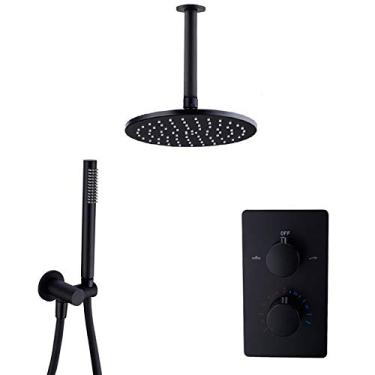 Imagem de CUTPOIY Conjunto de chuveiro sistema de chuveiro termostático preto conjunto de torneira de chuveiro de latão montado no teto multifunções conjunto de chuveiro com chuveiro de chuva redondo, chuveiro
