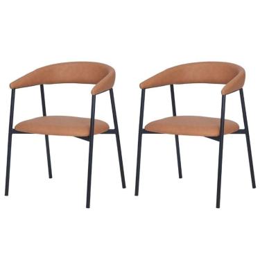 Imagem de Kit 2 Cadeiras Com Braço Chamonix Olivia Fratini Estofado Pu Caramelo Base Aço Carbono Preto