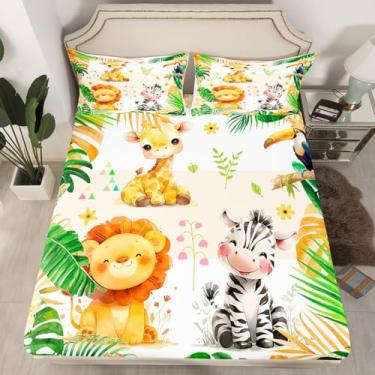 Imagem de jejeloiu Jogo de lençol Queen com estampa de animais fofos, animais de zoológico, leão, girafa, elefante, folhas tropicais, 3 peças, 1 lençol com elástico + 2 fronhas (sem lençol de cima)