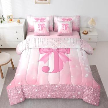 Imagem de Feelyou Jogo de cama infantil com laço rosa em uma bolsa, tamanho Queen, conjunto de edredom com inicial J personalizado com lençol de princesa com glitter, conjunto de cama de 7 peças, para meninos e