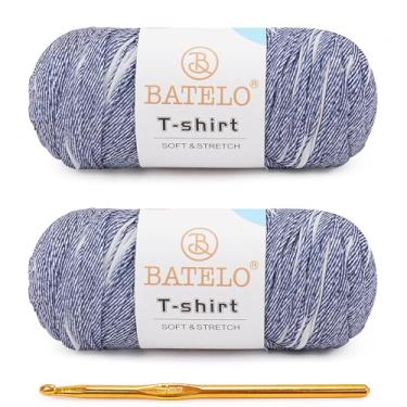 Imagem de BATELO Pacote com 2 fios de camiseta para iniciantes de crochê/cesta/porta-copos de 400 g/144 jardas de tecido de poliéster grosso (faixa azul)