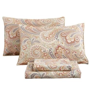 Imagem de URBONUR Conjunto de lençóis de algodão Queen Size 4 peças de lençóis refrescantes de cetim - Jogo de lençol vintage Boho Paisley bolso profundo - ajuste fácil (Caqui, Queen)