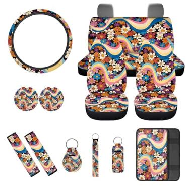Imagem de gearider Vintage 60s 70s hippie flor capa de assento de carro conjunto completo com capa de volante almofadas de cinto de segurança porta-copos chaveiro acessórios automotivos ajuste universal para a