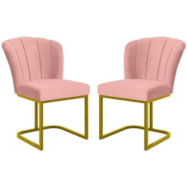 Imagem de Kit 2 Cadeiras Poltrona Flor Pés Metal Dourado Mesa Quarto Cozinha Rosa