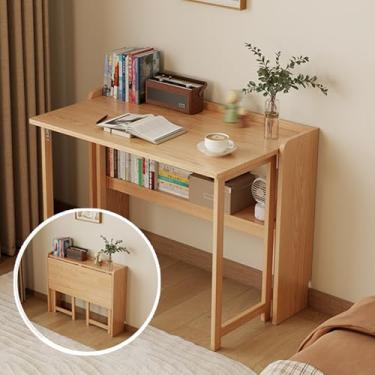 Imagem de Yadlan Foldable Homework Desk for Kids, Toddler Study Table with Storage, Solid Wood Kids' Desks, Children Study Table with Bottom Storage Shelf, Folding Study Small Student Desk Wood Color 80cm