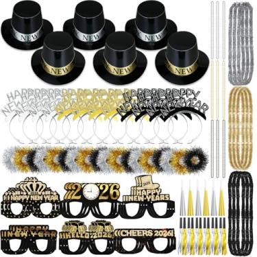 Imagem de ShinyMatch Kit de 90 peças de artigos de festa de ano novo 2026 para 18 convidados, inclui tiaras de cartola e colares de óculos (clássico)