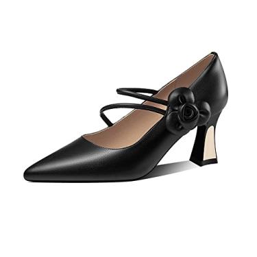 Imagem de TinaCus Sapato feminino de couro legítimo com bico fino feito à mão com flores de salto médio grosso gracioso, Preto, 40