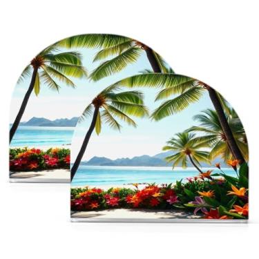 Imagem de Qilmy Porta-guardanapos acrílico tropical Island Palmeiras, suporte de lenços de mesa independente, dispensador de papel de coquetel para cozinha, jantar, restaurante, bar, decoração, 2 unidades