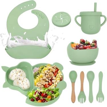 Imagem de Kit de Alimentação para Bebê, 6 Peças, Silicone Verde, Prato, Babador, Copo, Tigela, Introdução Alimentar Infantil