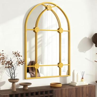 Imagem de WDSHIYI Espelho arqueado com moldura de metal, espelho dourado montado na parede, arco, arte moderna, espelhos decorativos para sala de estar, quarto, entrada, 61 x 91 cm, decoração