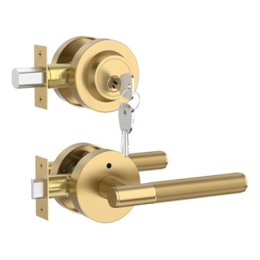 Imagem de Asidrama 1 pacote com fechadura de fechadura de bronze champanhe, porta de entrada frontal com chave externa redonda, segurança de porta externa, conjunto de fechadura de porta com chaves, parafuso